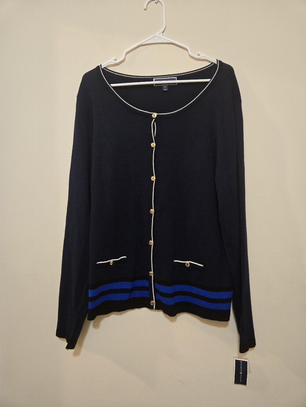 Karen Scott Intrpd Blue Button Crew Neck Cardigan Sweater W/Contrast Trim sz XXL